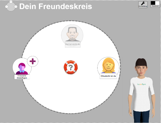 Eine grafische Darstellung eines Freundeskreises mit einem Hinzufügen-Icon, einer Rettungsring-Illustration und avatars von zwei Personen sowie dem Avatar "Billie", einer künstlichen Intelligenz.